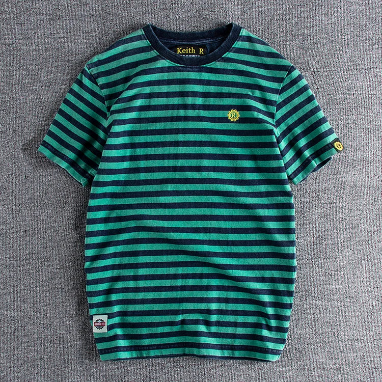 Summer New Japanese Retro Short Sleeve Striped T-shirt Men's Fashion 100% Cotton Slim Simple Round Neck Washed Old Casual Tops