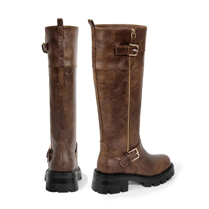 Women Buckle Gothic Black Knee High Boots Heeled Metal Side Zipper Fashion Matte  Modern Winnter Boots