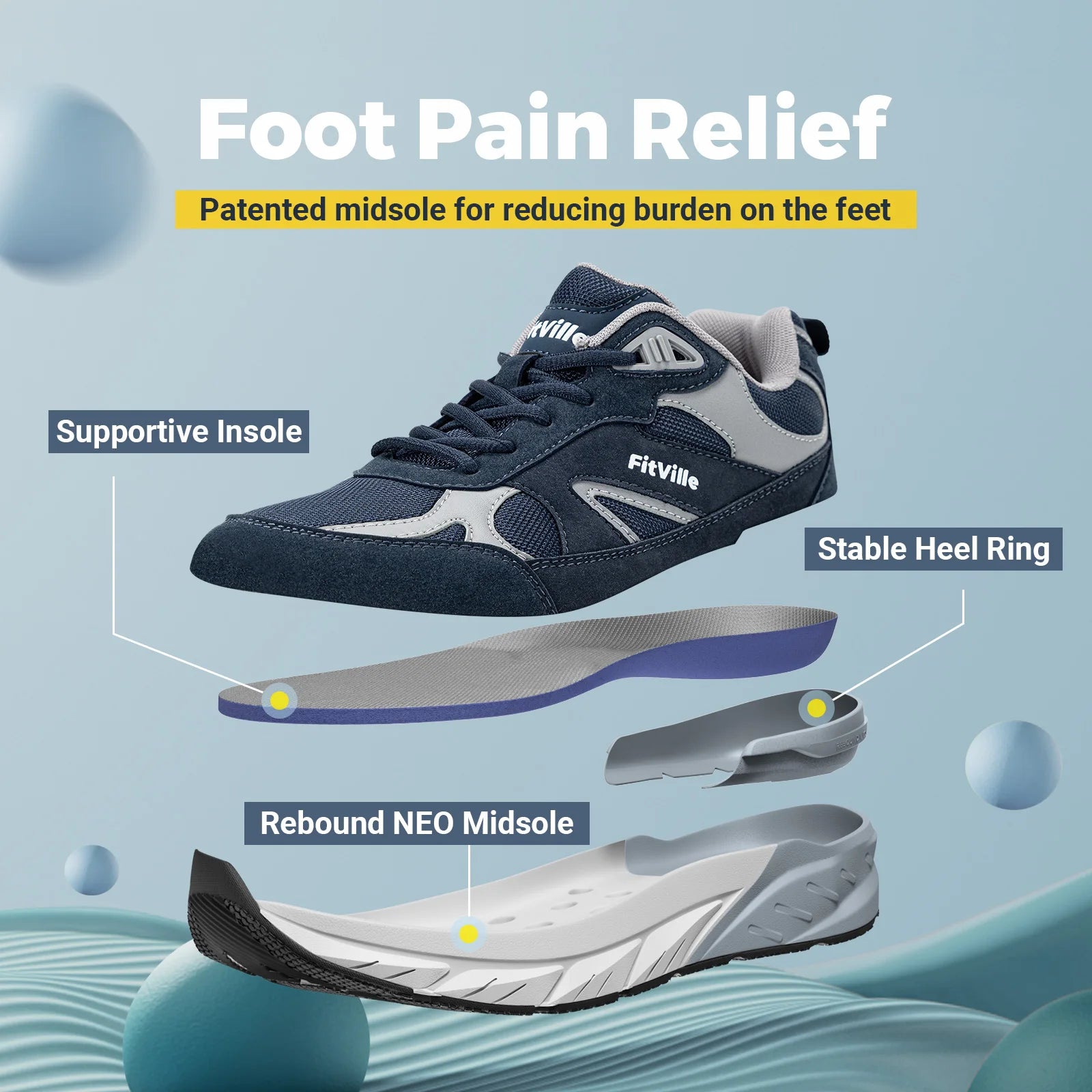 Men's Walking Shoe Wide Width Sneakers with Arch Support For Flat Feet Heel Pain Relief in Plantar Fasciitis