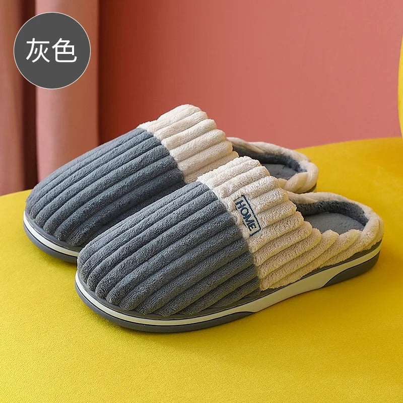 Men's Warm Plush House Slippers Indoor Anti-slip Winter Fluffy Slides With Waterproof Short Plush Male Cotton Shoes