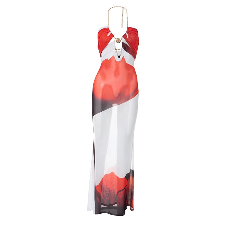 Seashell Metal Chain Hollow Halter Dress Women Flower Print Sexy See Through Backless Skinny Peach Hip Long Bodycon