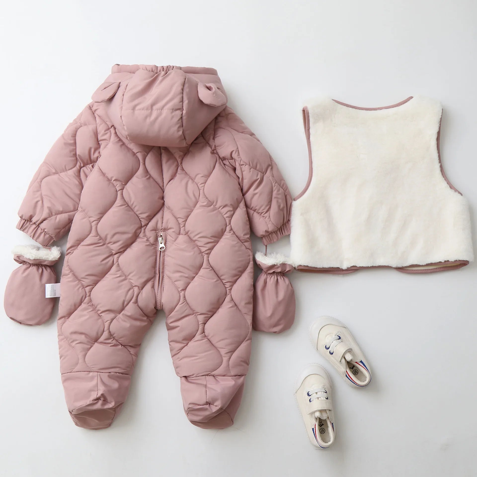 Baby's 2Pcs Winter Warm Clothes Thicken Fleece Rompers Jumpsuits Fur Lining Footie and Vest Snowsuit For Toddlers 0-2Y