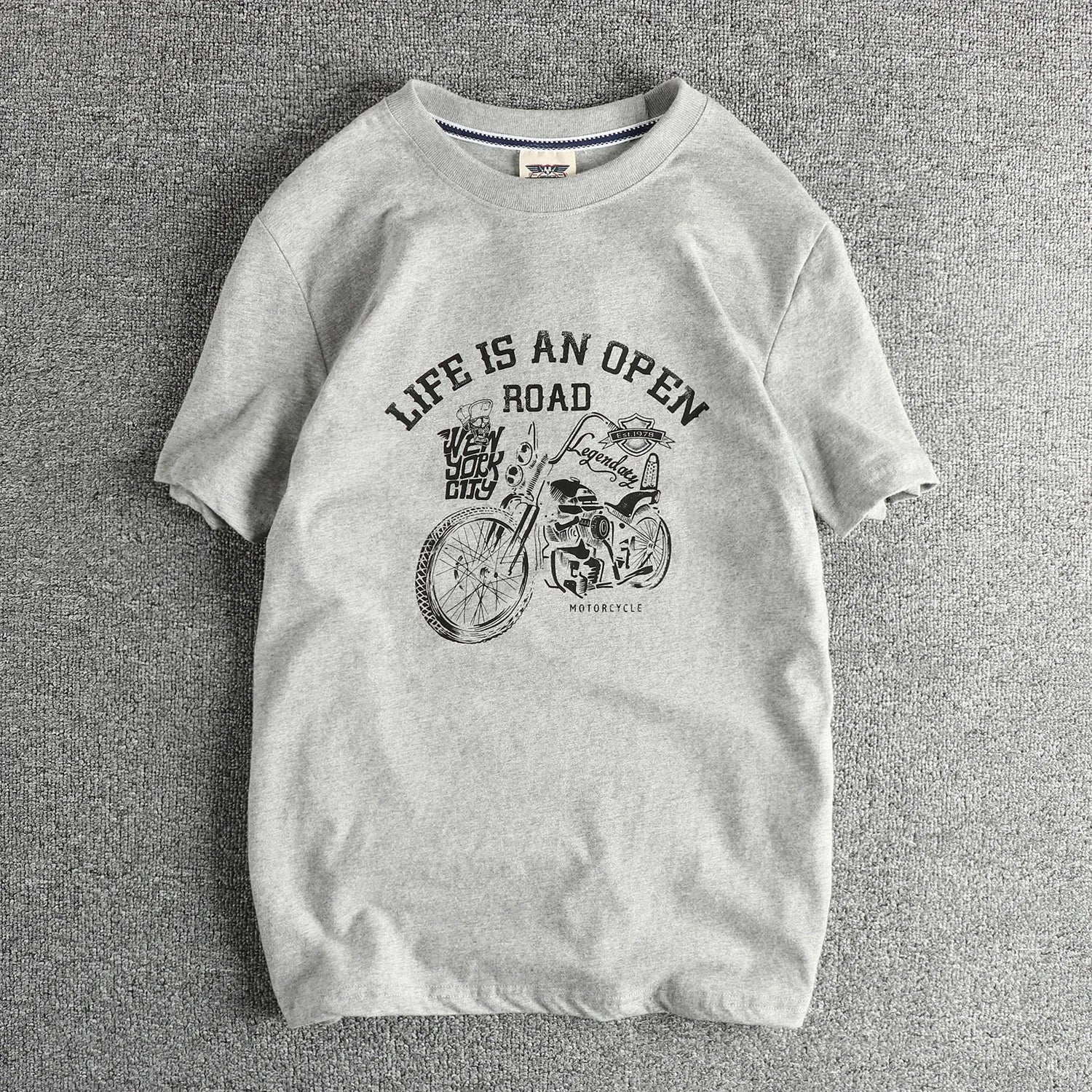 2025 Summer American Retro Short Sleeve O-neck Skeleton Motorcycle Printed T-shirt Men's Fashion 100% Cotton Washed Casual Tops