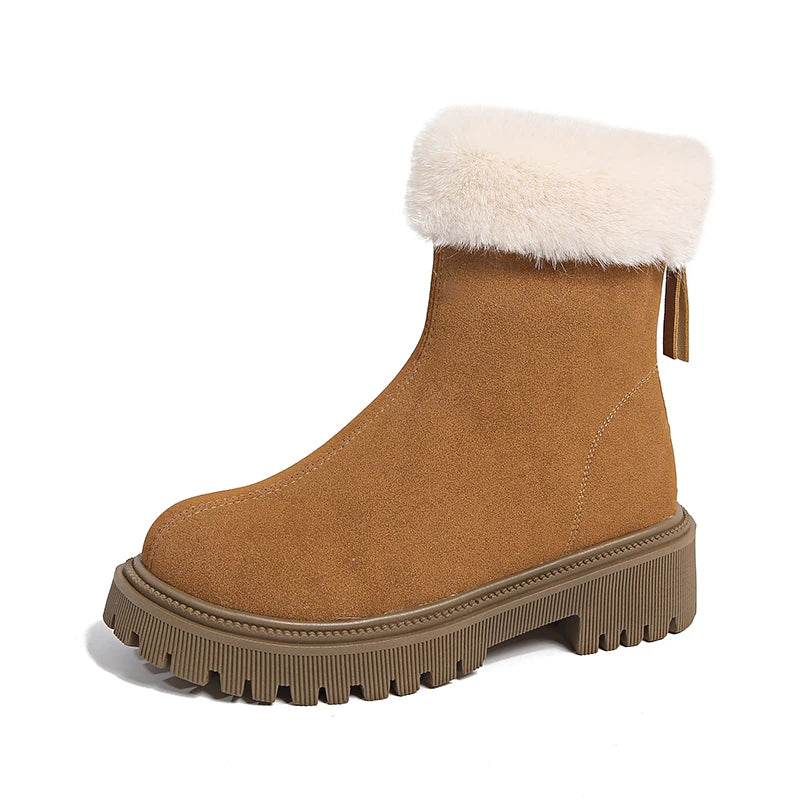 Women's Winter Boots 2024 New Fashion Velvet Lined Solid Color Ankle Square Heel Round Toe Outdoor Snow Boots Thick Soles Zipper