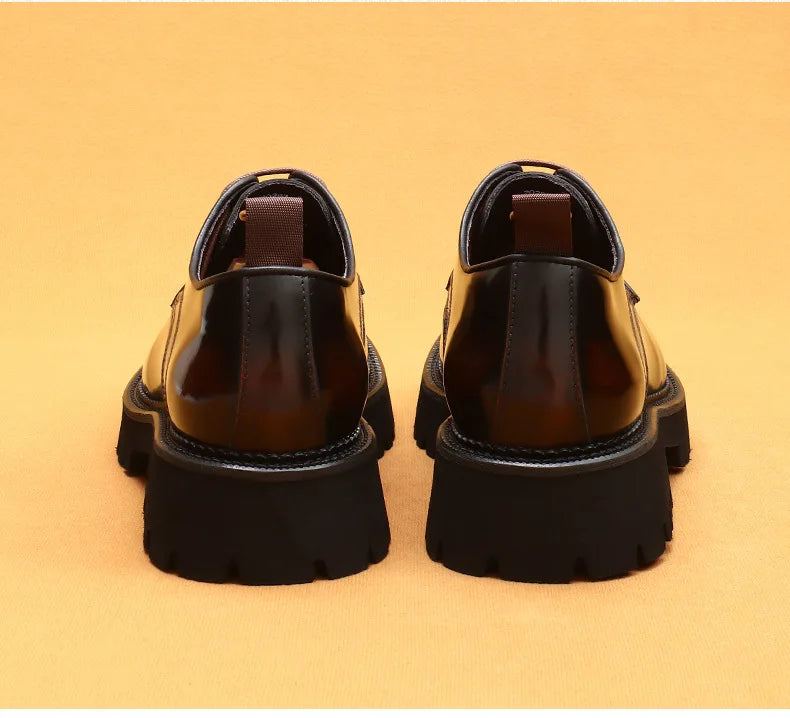 Designer Men's Leather Shoes With Thick Soles Round Toe Glossy Leather Business Dress and Waxed Cowhide Lace-Up British Shoes