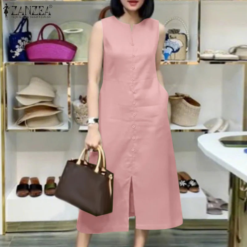 2025 Women Summer Sundress Elegant Work OL Midi Dresses V Neck Sleeveless Solid Dress Fashion Buttons Down Robe Plus Size