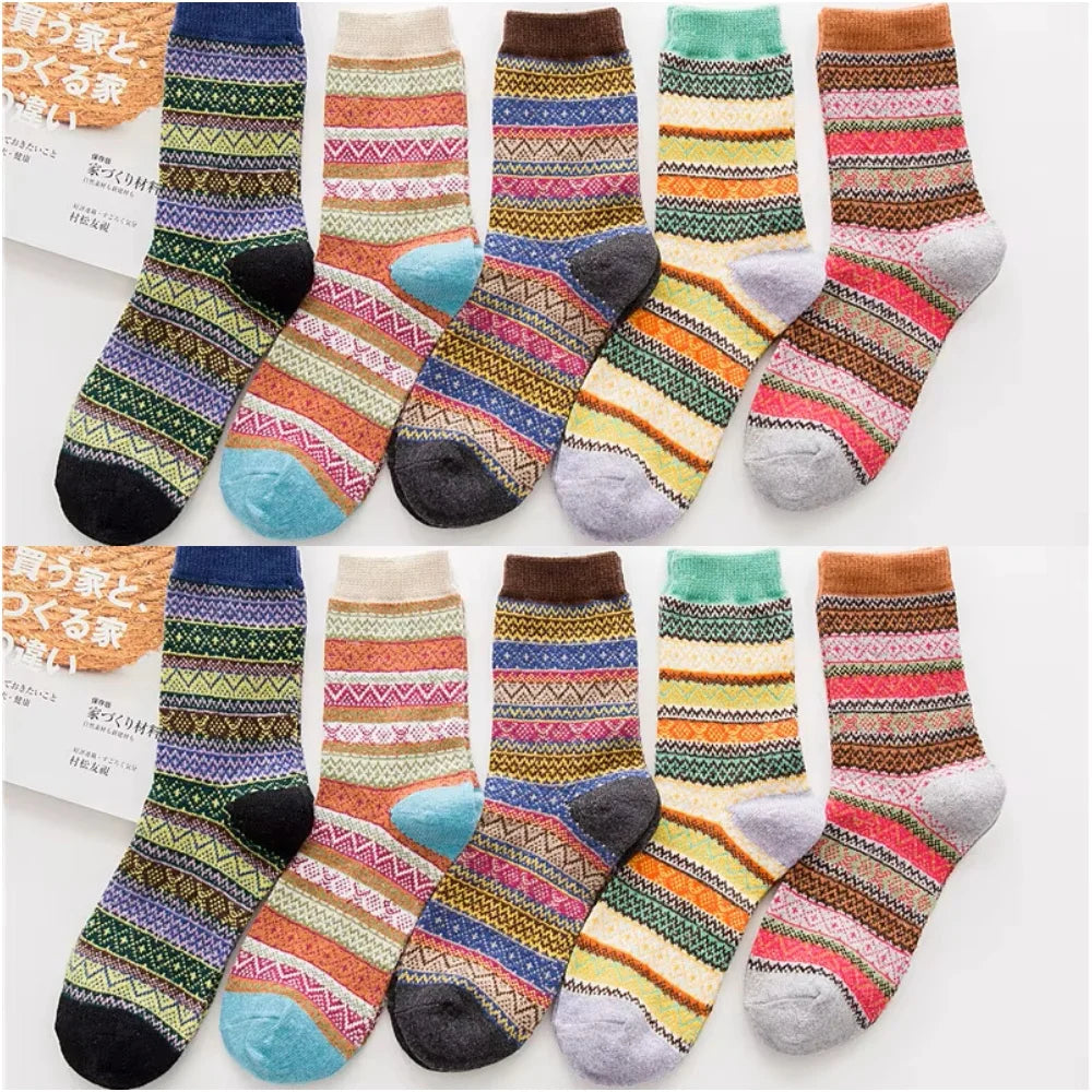 5 Pairs Winter New Warm Thicken National Wind Women's Wool Medium Tube Female Socks