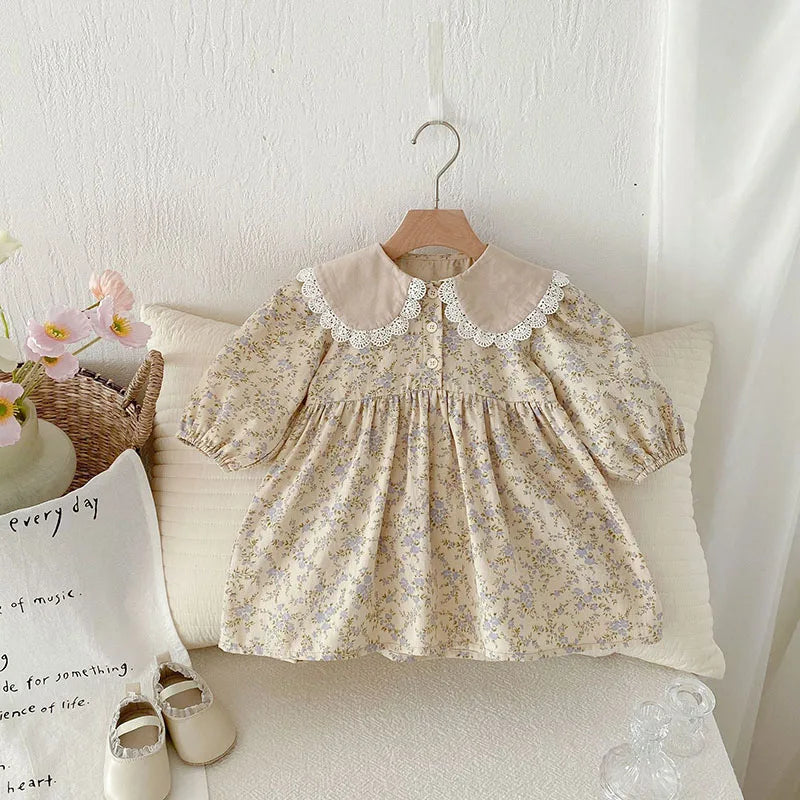 New Spring Girls Floral Dress Kids Cute Lace Doll Collar Princess Dress Children Sweet Flower Clothes For Kids 1-3Y Girls