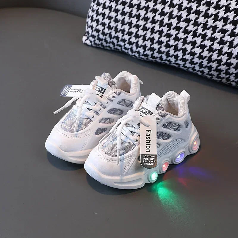 Kids LED Light Up Sneakers - Glow Boys 1-6 Years Breathable Mesh Sporty Shoes Casual Letter Webbing Luminous Footwear