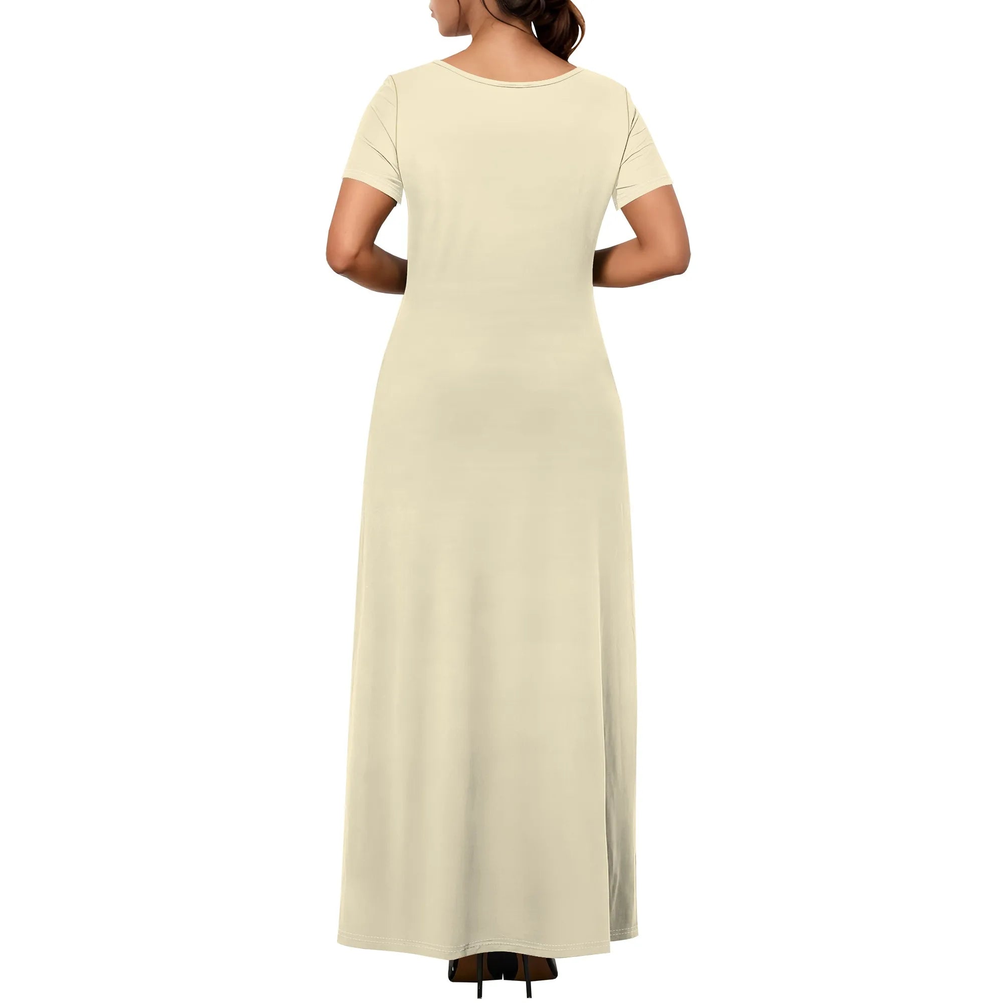 Women's Casual Short Sleeve Sexy V Neck Solid Color T Shirt Maxi Dress Summer Beach Swing Sundresses with Pockets