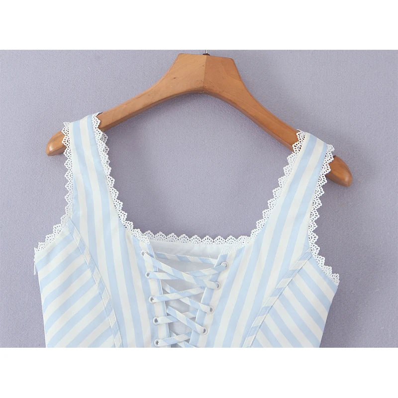 2025 Kanten gesplitste gestreepte korset camis dames kruis vetersluiting bandage rug vierkante hals zomer tanktop slim fit crop top