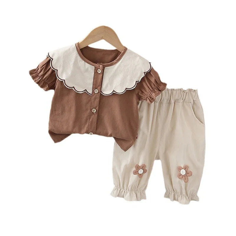 New Summer Kids Clothes 2PCS Set Cute Doll Collar Girls Shirt + Flower Pants Children Thin Style Outwear 12M-5T Girls