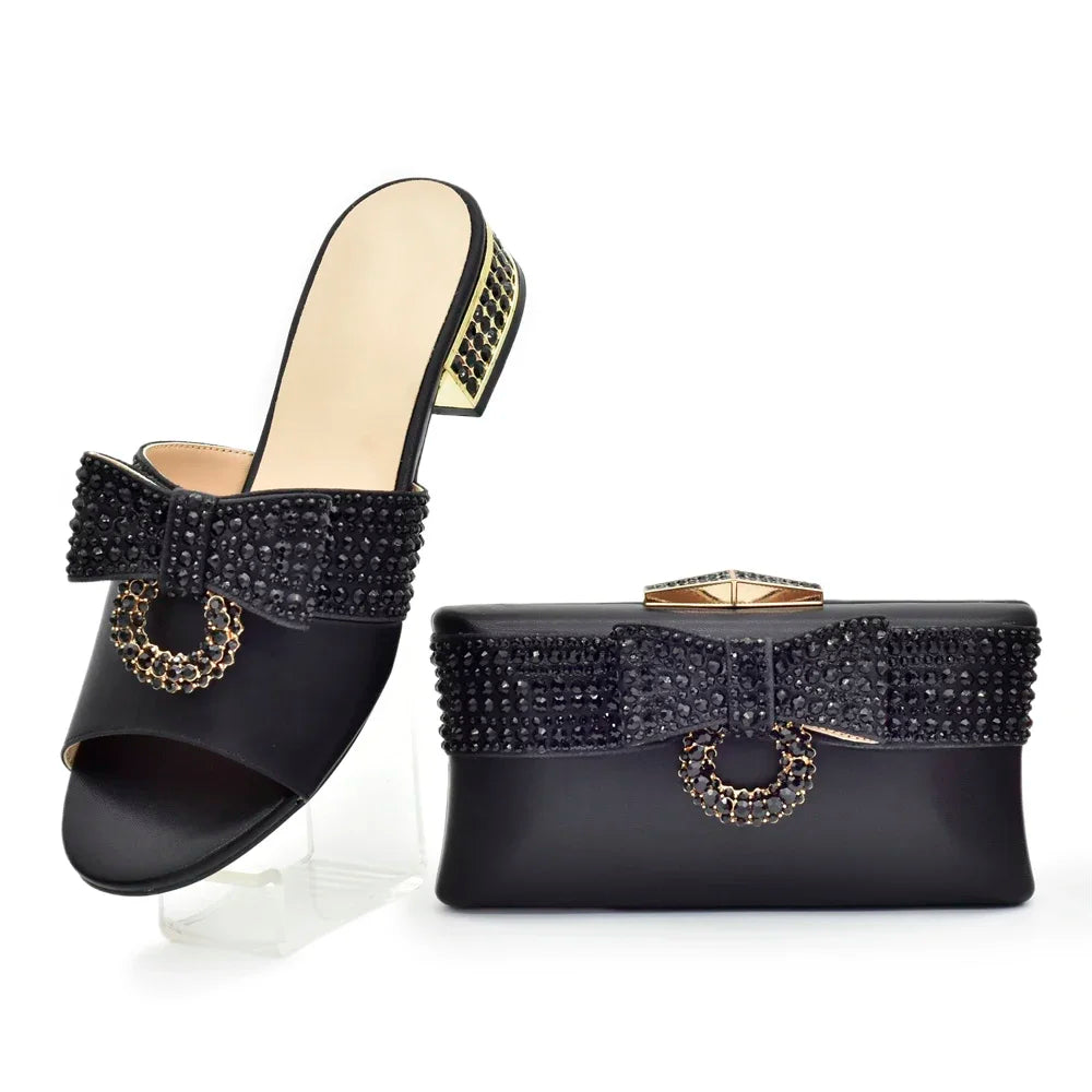 Italian Ladies Shoes and Bags To Match Set Decorated with Rhinestone Sling Backs Low (1cm-3cm) Luxury Shoes Women Designers