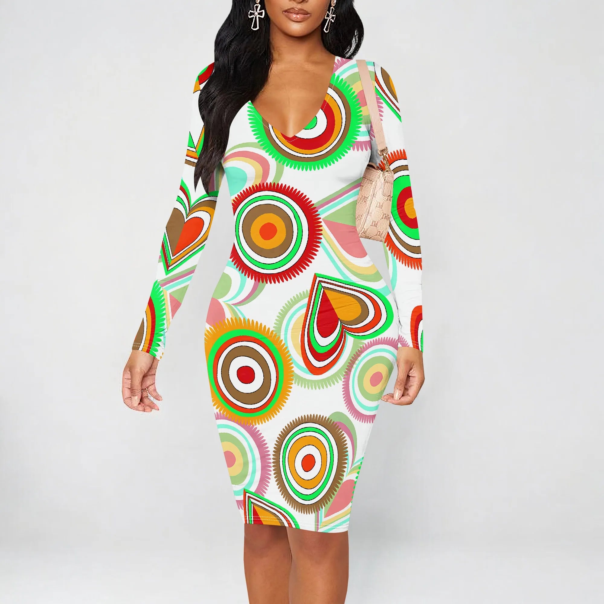 Womens Bodycon White Dark Blue line Flower Print Round Neck Ruffle Ruched Party Knee Length Pencil Dress