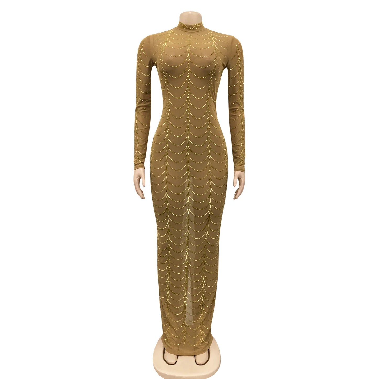 Sexy Rhinestone Sheer Mesh Long Sleeve  Party Dress
