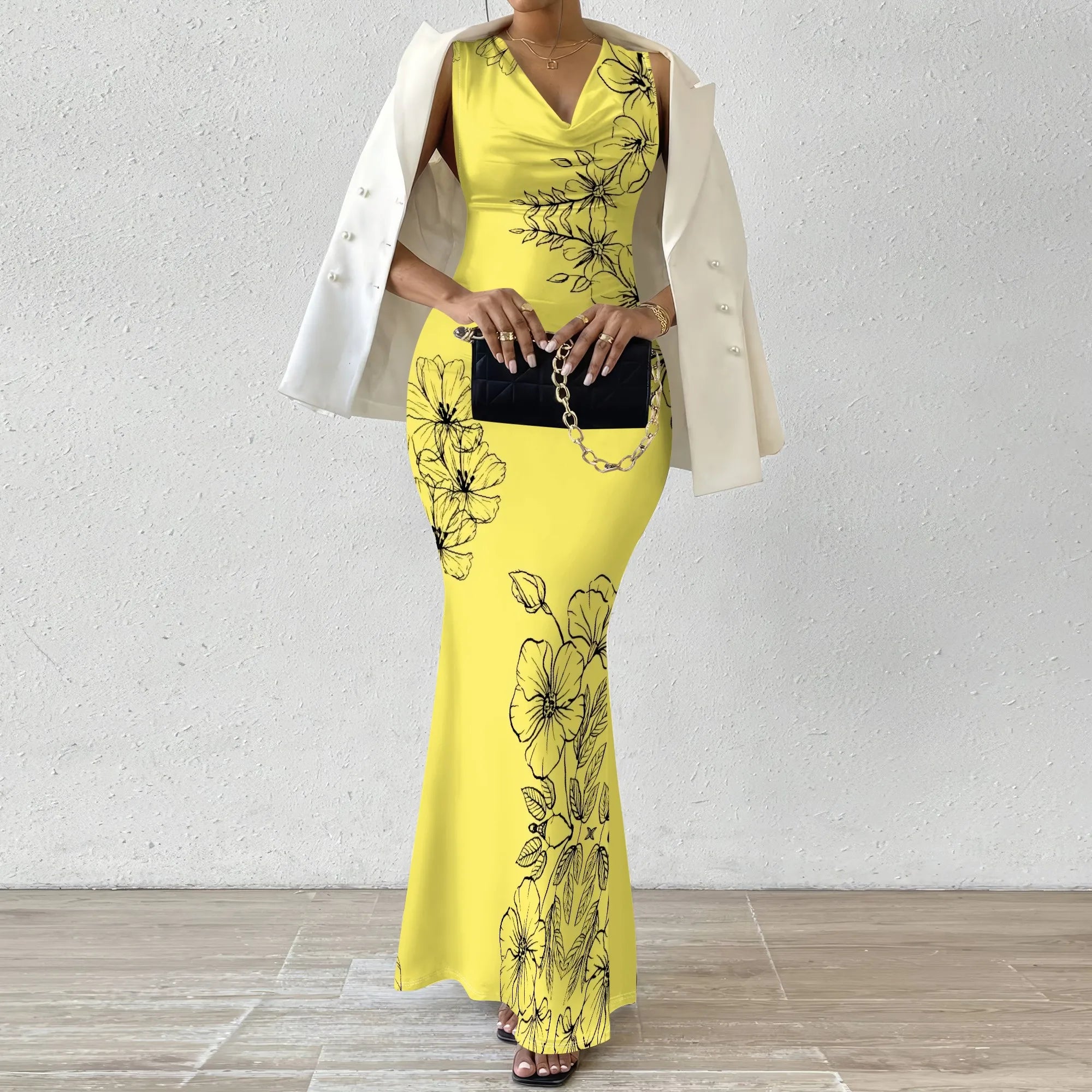 Women's V-Neck Sleeveless Maxi Dress Yellow Black Outline Floral Print Elegant Bodycon Summer Dress