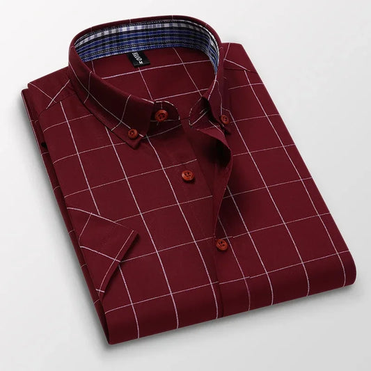Summer Men Shirts Short Sleeve Plaid Shirt Slim Casual Button Up Dress Shirts Men Big Size M-5XL Anti-wrinkle Soft