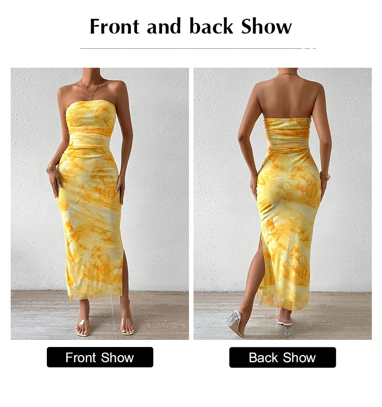 Dresses Summer Vacation Decent Graphic Print Strapless Sleeveless Off Shoulder Maxi Side Slit Dresses For Women