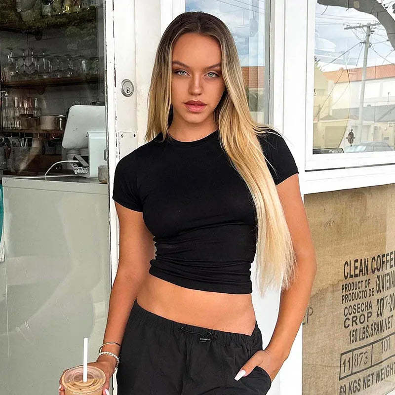 Spring New Short Sleeve T-Shirt Women Solid Simple Casual Soft All-Match Hot Basic Crop Tops Tees Summer Fashion