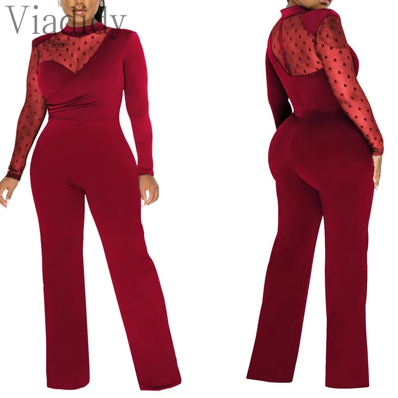 Women Dot Mesh Patchwork Long Sleeve Straight Jumpsuit