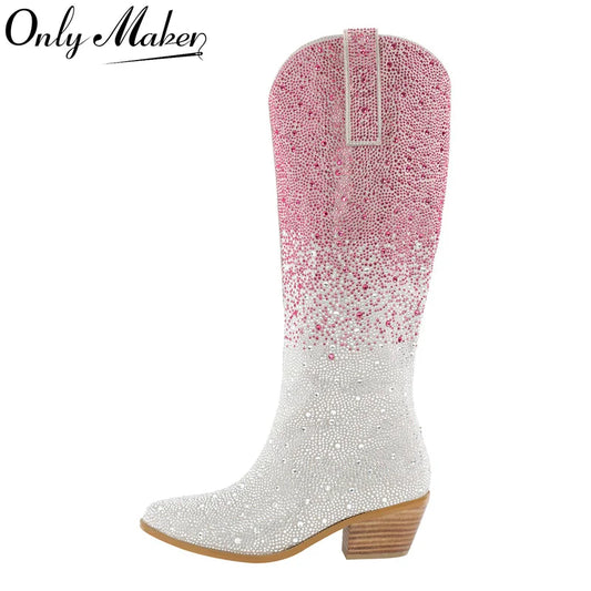 Women Pointed Toe Rhinestone Knee High Western Cowgirl Boots Glitter Bling Shiny  Block Heel Lady Boots