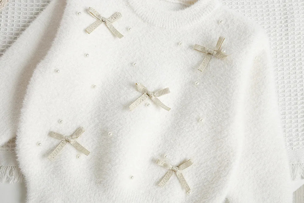 New Autumn Baby Knitwear Cute Girls Bow Bead Children's Sweater Thin Kids Clothes 9M-5T Girls