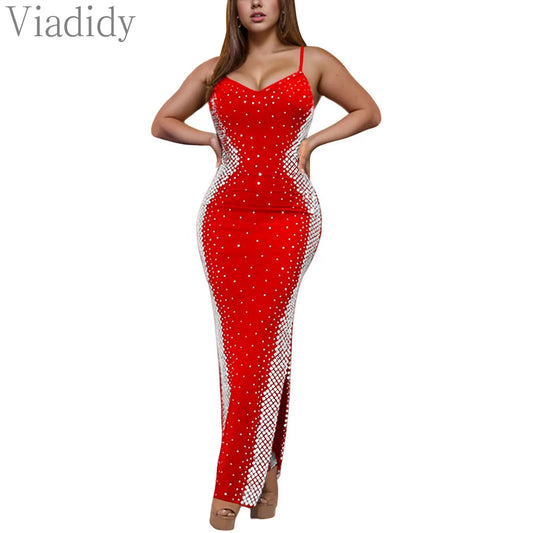 Women Sexy Solid Color Spaghetti Strap Rhinestone Decor Backless Floor-length Party Dress