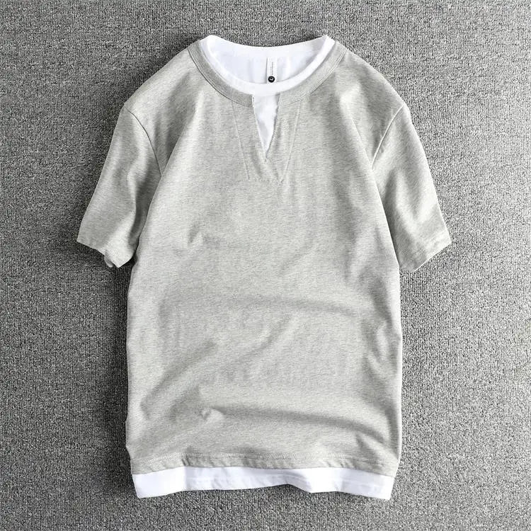 2025 Summer American Retro Short Sleeve V-neck Fake Two Pieces Solid Color T-shirt Men's 100% Cotton Washed Youth Casual Tops