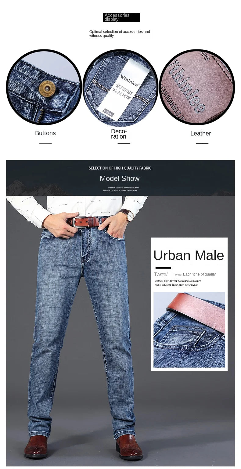 New Business Men's Jeans Casual Straight Stretch Fashion Classic Blue Black Work Denim Trousers Male Brand Clothing