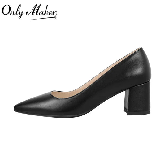 Women Black Pointed Toe Block Classic Slip On Thick Heel  Office Dress Elegant Big Size Handmade Chunky Lady Sh