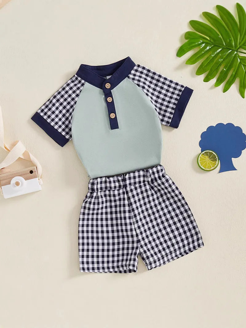 New Summer Kids Clothes Set Boys Girls Cute Patchwork Tops + Grid Short Children Casual Suit 2PCS 1-3Y Unisex