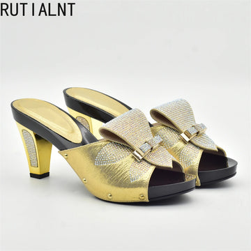 Gold Color Women Slippers Shoes African Women Wedding Shoes Elegant Italian Woman Shoes with Stone High Heels Woman Summer Pumps