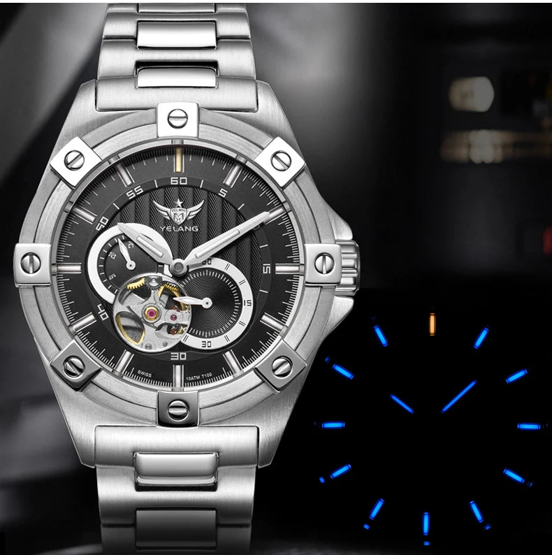 Yelang V1024 Men's 44mm Automatic Mechanical Watch Luminous 100m Water Resistant Japan Miyota 82S7 Movement Stainless Steel Band