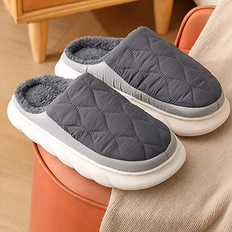 Unisex Plush Winter Slippers Outdoor and Indoor Warm Waterproof Cotton Shoes With Anti-Skid Thick Sole Home Slides For Men & Women
