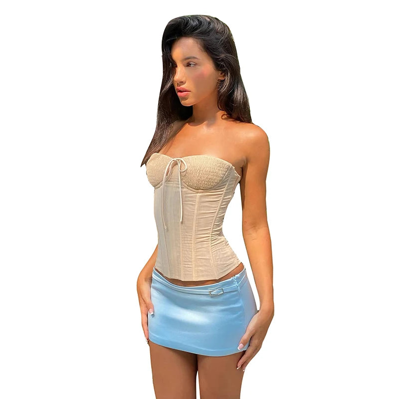 Sweet Style 2 Piece Set Women Off Shoulder Shirring Patchwork Corset Tops + Metal Rings Satin Skirts Elegant Outfits For Women