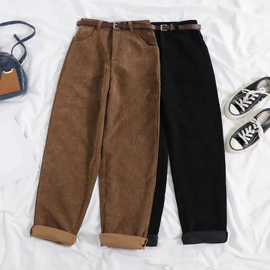 Autumn Winter Corduroy Pants Women Vintage Brown Streetwear Straight Trousers Female Fashion High Waist Wide Leg Pants