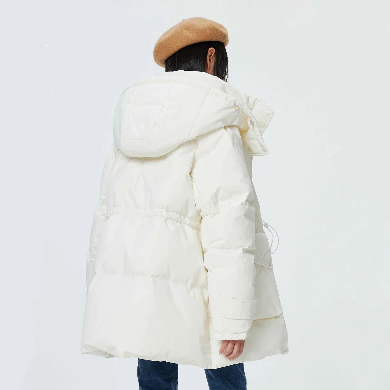 Women's Winter Warm Oversized Long Hooded Down Jacket, Adjustable Pig Nose, Buckle Waist Belt Utility Duck Down Parka For Ladies