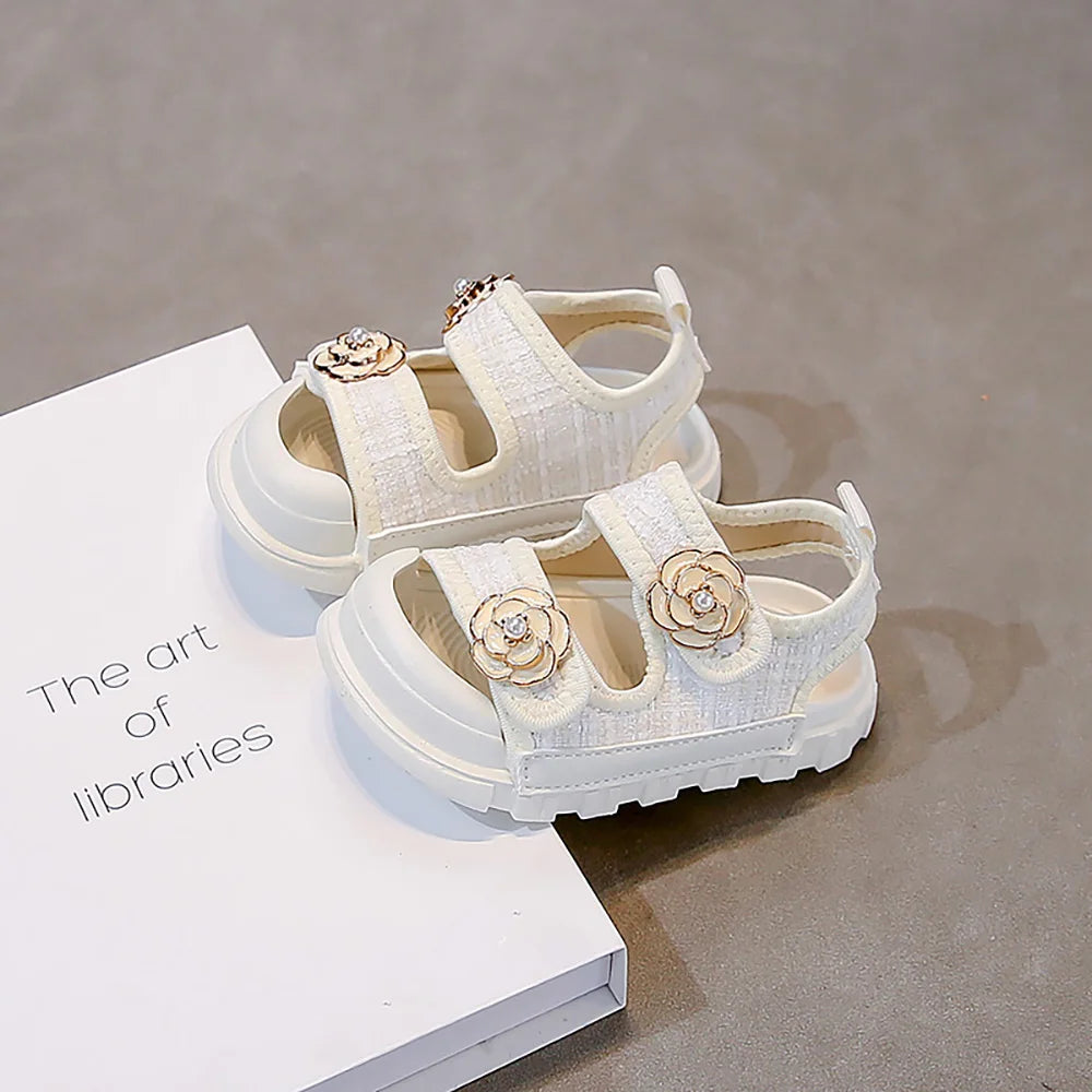 Korean Style Summer Sandals For Girls Luxury Pearl Flower Children's Beach Shoes Ergonomics Soft-soled Kid's Girl Sandals