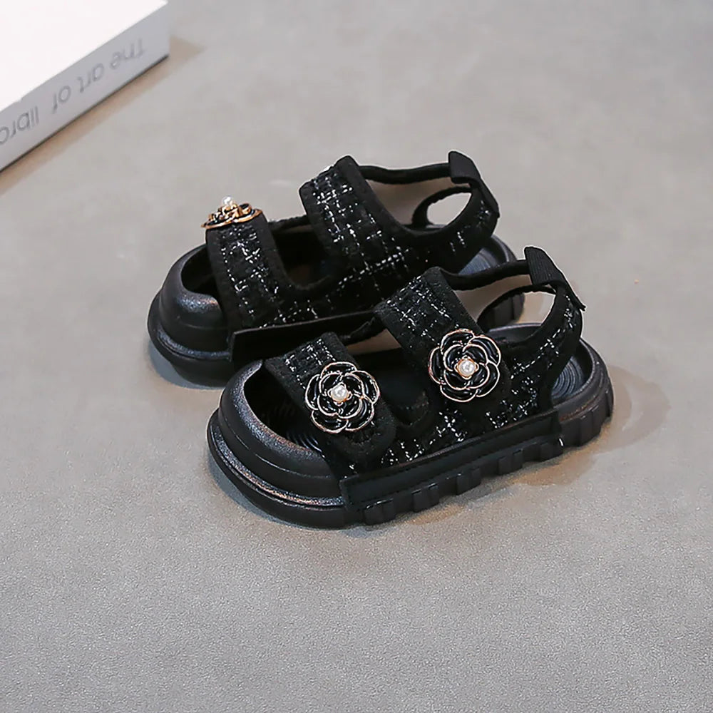Korean Style Summer Sandals For Girls Luxury Pearl Flower Children's Beach Shoes Ergonomics Soft-soled Kid's Girl Sandals
