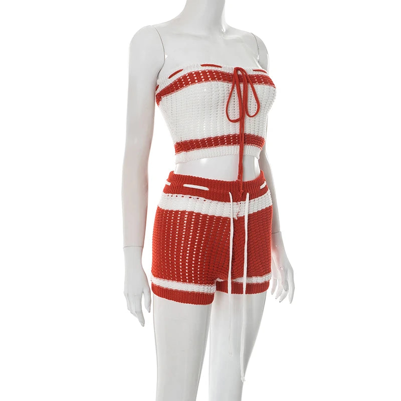 Crochet 2 Piece Set Women Hollow Beach Vacation Shirring Strapless Tops + Contrast Shorts Matching Tight Stretch Suits