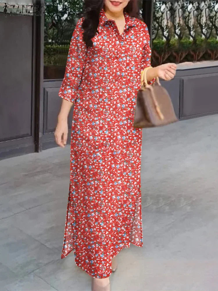 2025 Spring 3/4 Sleeve Maxi Dress Turn-down Collar Holiday Shirt Dress Loose Casual Floral Printed Women Vintage Vestidos