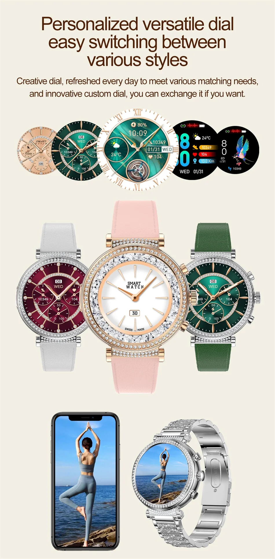 Women Diamond Smart Watch ECG Women Health tracking Watch Full Touch Screen BT Call Custom dial Smartwatch Compatible with Huawei & Xiaomi IOS