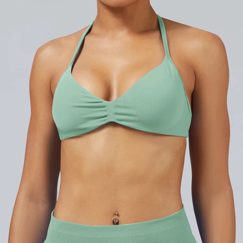 Seamless High Support Impact Yoga Bra Women Strappy Sport Bra Thin Strap Halter Workout Tank Fitness Top Gym Wear