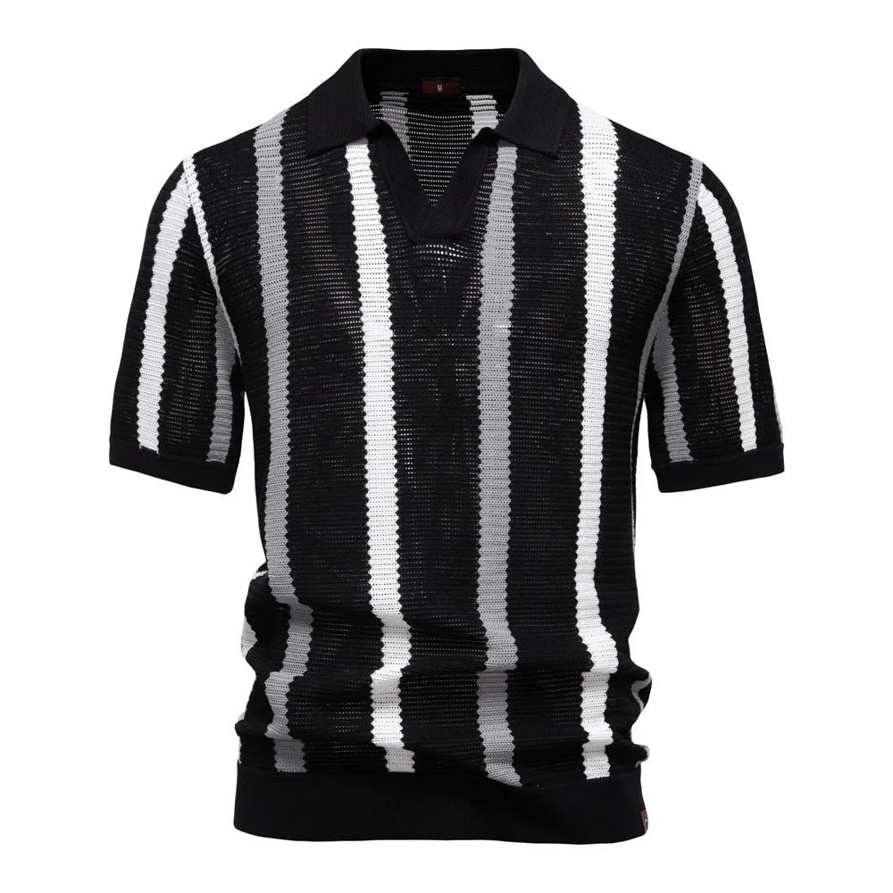 Men's Ribbed Knit And Breathable Striped Casual Polo Shirt With Comfortable Collar - High Quality Male Polo Shirt