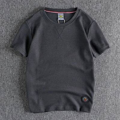 Zomer Nieuw Amerikaans Retro Waffle Microchapter T-shirt Herenmode Eenvoudig Gewassen Korte Mouw O-hals Casual Losse Jeugd Tops