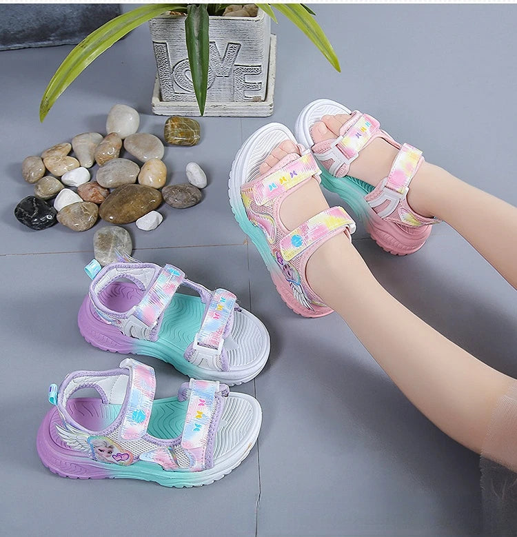 Disney Children Shoes Summer Elsa Girls Mesh Beach Sandals Fashion Frozen Princess Soft Bottom Light Peep Toe Sandals Size 26-36