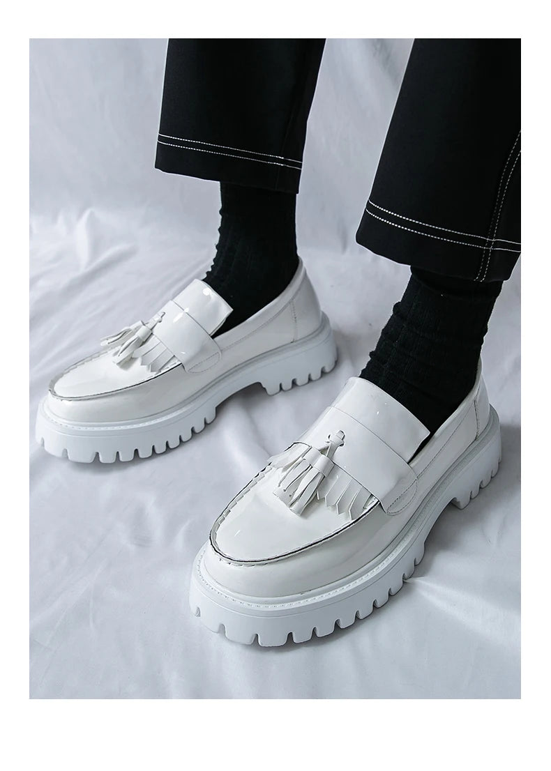 Fashion Men Tassels Loafers Thick Bottom Male Height Increasing Walking Shoes All White Wedding Shoes