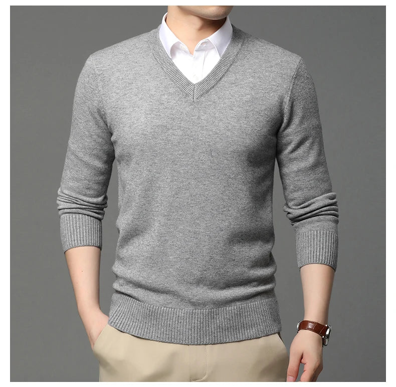 Men's High Quality Fashion Brand, Woollen Knit Pullover V-Neck Sweater, Autumn and Winter Casual Male Jumper