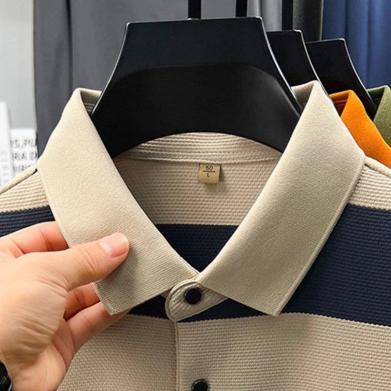 Men's Autumn Long Sleeve Polo Shirt Colourful Striped, Stretchy Double-sided Pique Knit Fabric