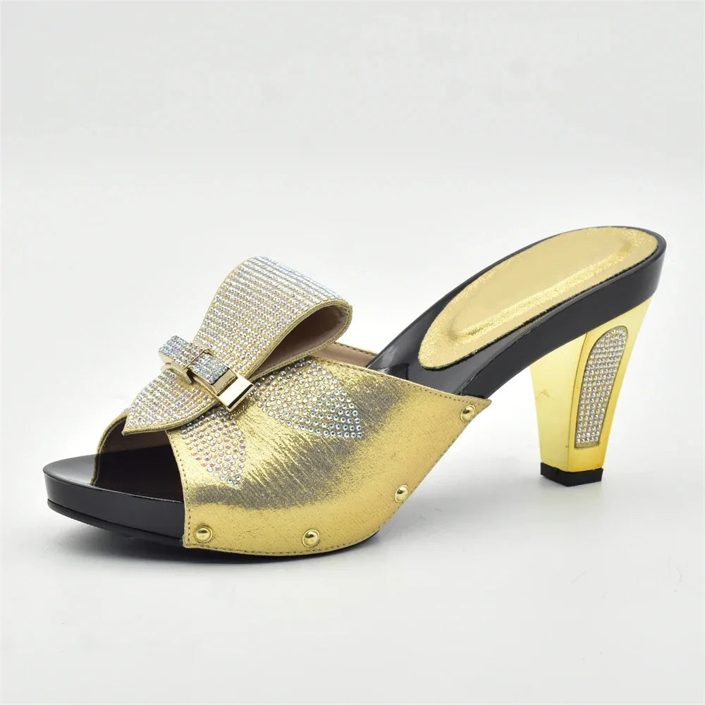 Gold Color Women Slippers Shoes African Women Wedding Shoes Elegant Italian Woman Shoes with Stone High Heels Woman Summer Pumps